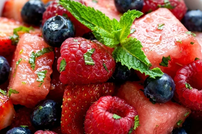 Close-up of Colorful Mojito Fruit Salad freshly made and ready to serve