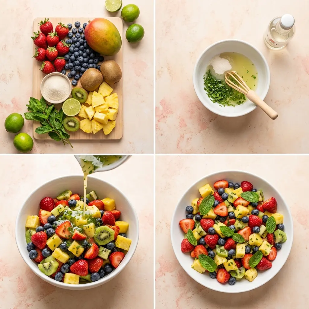 4-step cooking process for colorful mojito fruit salad showing prep, dressing, combining, and plating