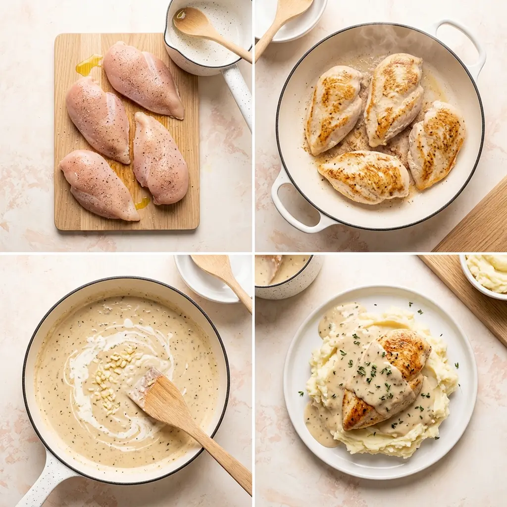 4-step cooking process collage for creamy garlic chicken with gravy and mashed potatoes showing prep, searing, making gravy, and plated dish