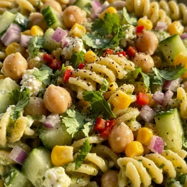 Close-up of Creamy (& Healthy!) Cilantro Lime Pasta Salad freshly made and ready to serve