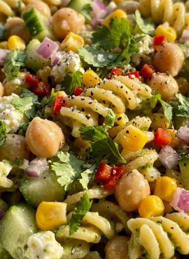 Close-up of Creamy (& Healthy!) Cilantro Lime Pasta Salad freshly made and ready to serve