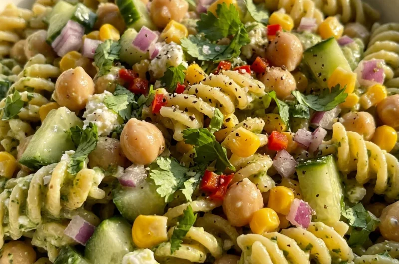 Close-up of Creamy (& Healthy!) Cilantro Lime Pasta Salad freshly made and ready to serve