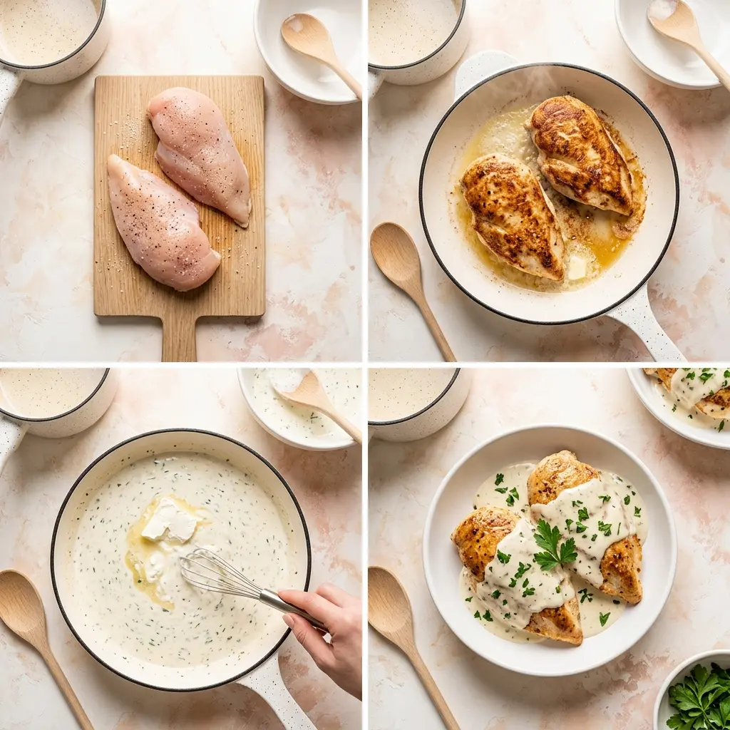 4-step cooking process for creamy ranch chicken showing prep, searing, sauce making, and plated dish