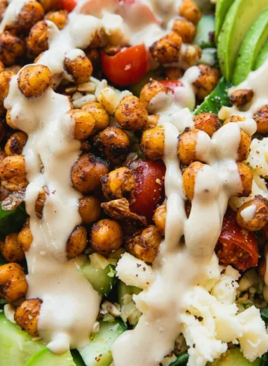 Close-up of Crispy Chili Lime Chickpea Salad freshly made and ready to serve