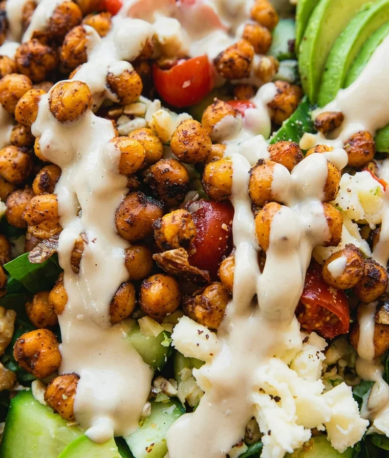 Close-up of Crispy Chili Lime Chickpea Salad freshly made and ready to serve