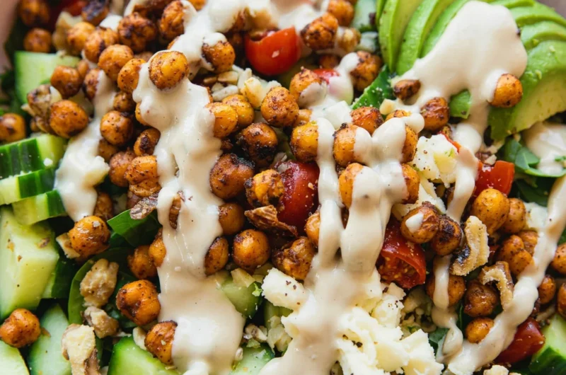 Close-up of Crispy Chili Lime Chickpea Salad freshly made and ready to serve