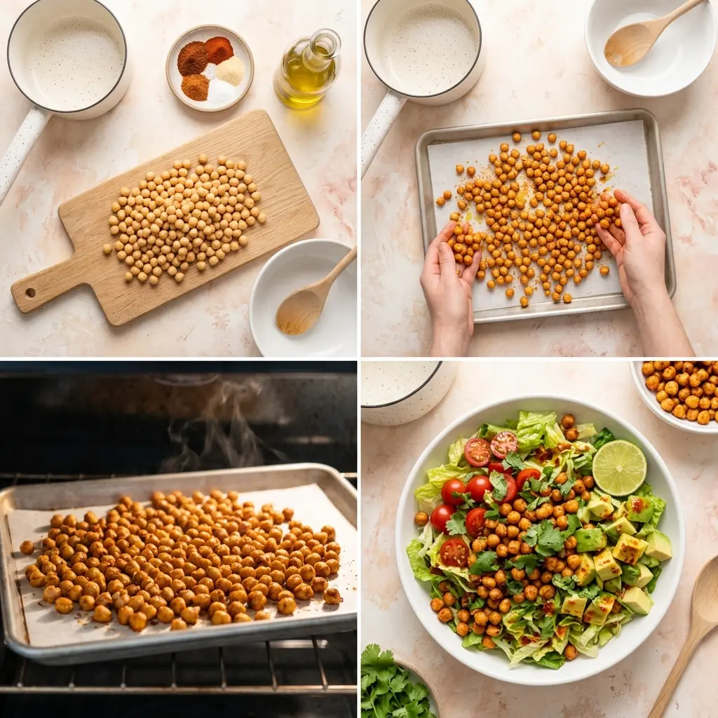 4-step cooking process for crispy chili lime chickpea salad showing prep, seasoning, roasting, and final tossed bowl