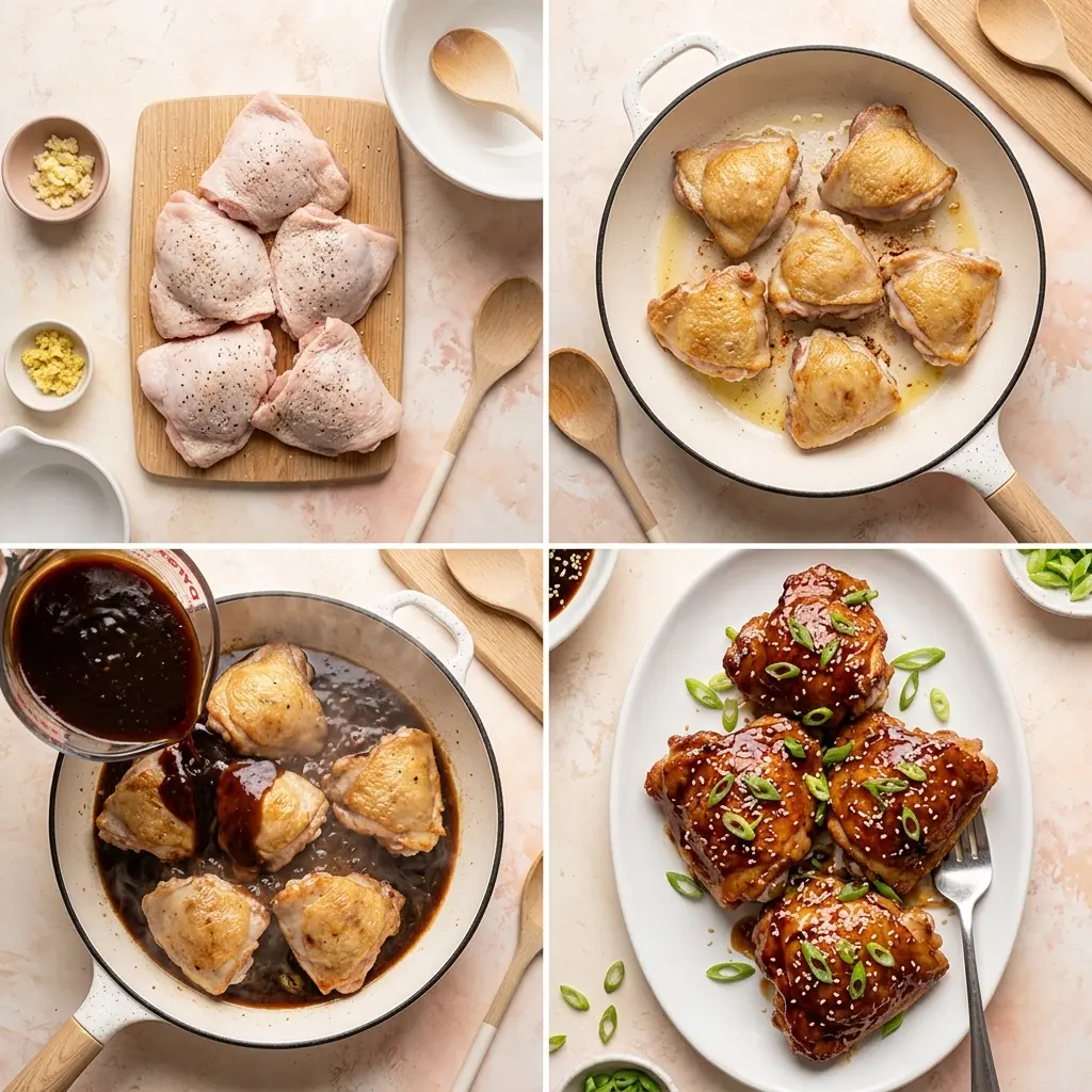 4-step cooking process for crispy hoisin chicken thighs showing prep, searing, glazing, and plating
