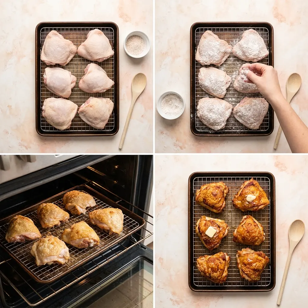 4-step cooking process collage for crispy oven fried chicken thighs showing prep, seasoning, baking, and butter finish