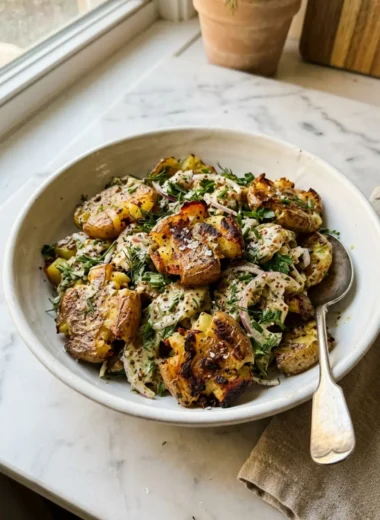 crispy smashed potato salad with feta and herbs in a white bowl