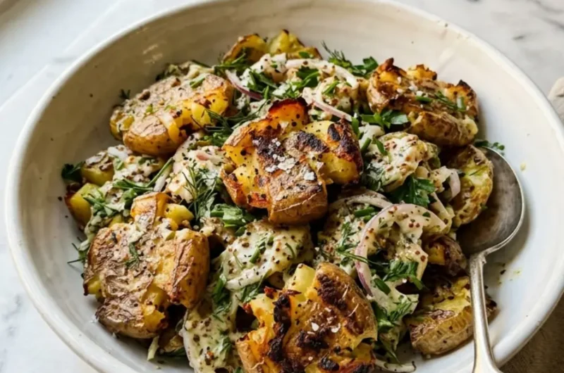 Crispy Smashed Potato Salad: 30-Minute Ultimate Side 1 crispy smashed potato salad with feta and herbs in a white bowl