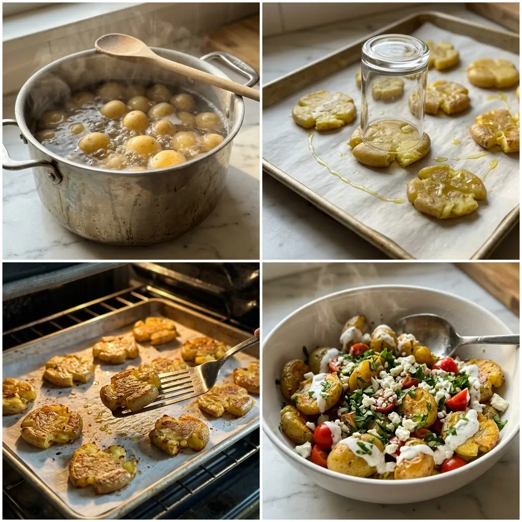 Crispy Smashed Potato Salad: 30-Minute Ultimate Side 2 4-step cooking process collage for crispy smashed potato salad showing boiling, smashing, roasting, and tossing