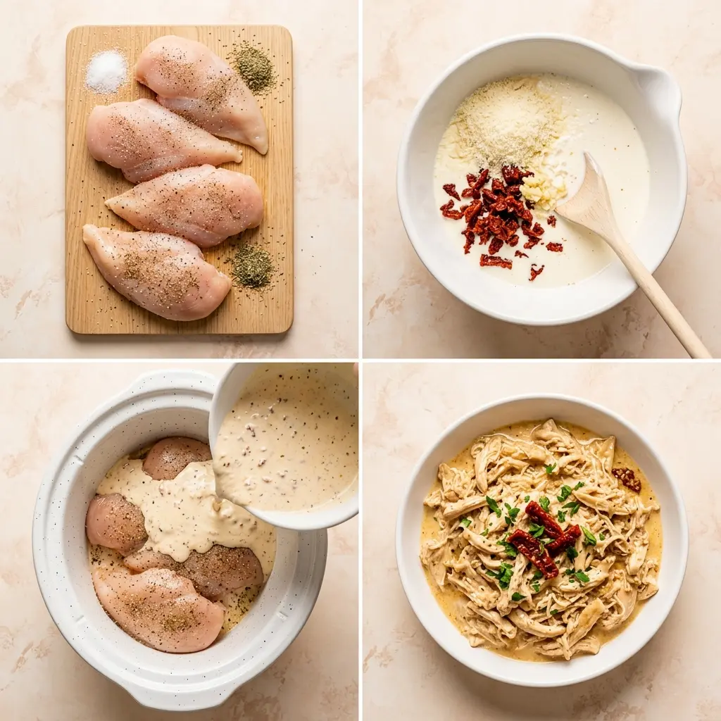 4-step cooking process collage for Crock Pot Marry Me Chicken showing seasoning chicken, making cream sauce, pouring into slow cooker, and finished dish
