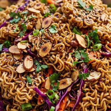 Close-up of Crunchy Asian Ramen Noodle Salad freshly made and ready to serve