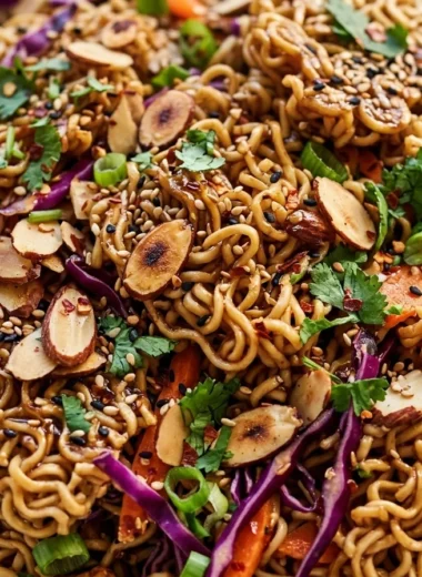 Close-up of Crunchy Asian Ramen Noodle Salad freshly made and ready to serve