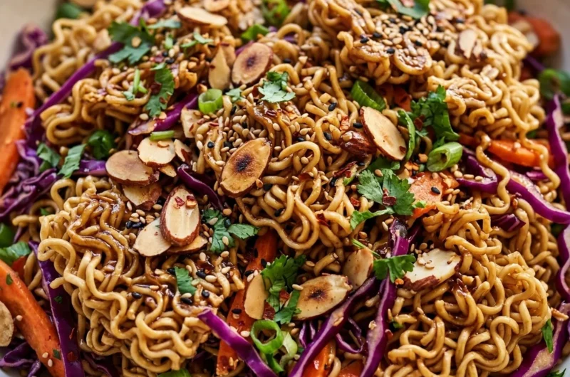 Close-up of Crunchy Asian Ramen Noodle Salad freshly made and ready to serve