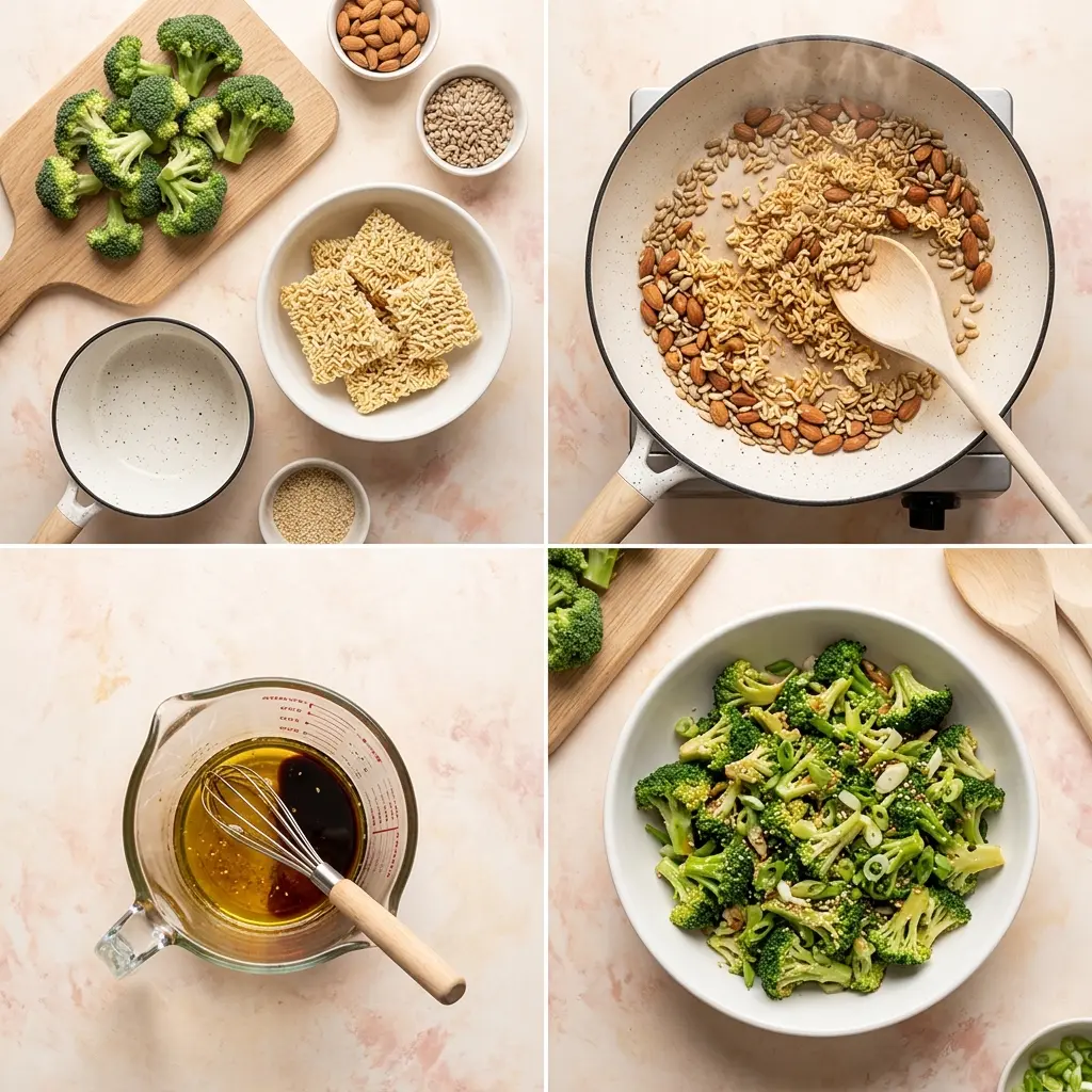4-step cooking process collage for Crunchy Asian Ramen Noodle Salad showing prep, toasting, dressing, and final assembly