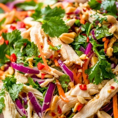 Close-up bowl of crunchy Vietnamese chicken salad with shredded chicken, green and red cabbage, carrot, cucumber, fresh mint and cilantro, roasted peanuts and nuoc cham dressing