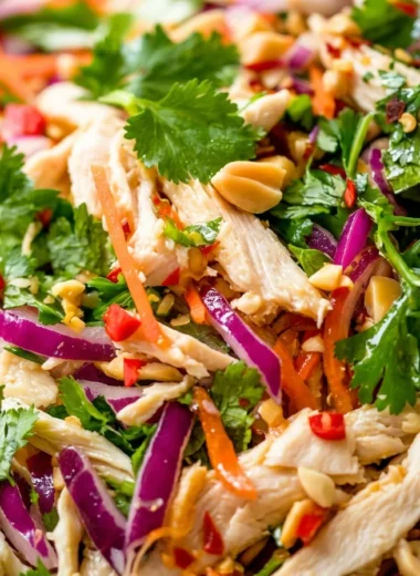 Close-up bowl of crunchy Vietnamese chicken salad with shredded chicken, green and red cabbage, carrot, cucumber, fresh mint and cilantro, roasted peanuts and nuoc cham dressing
