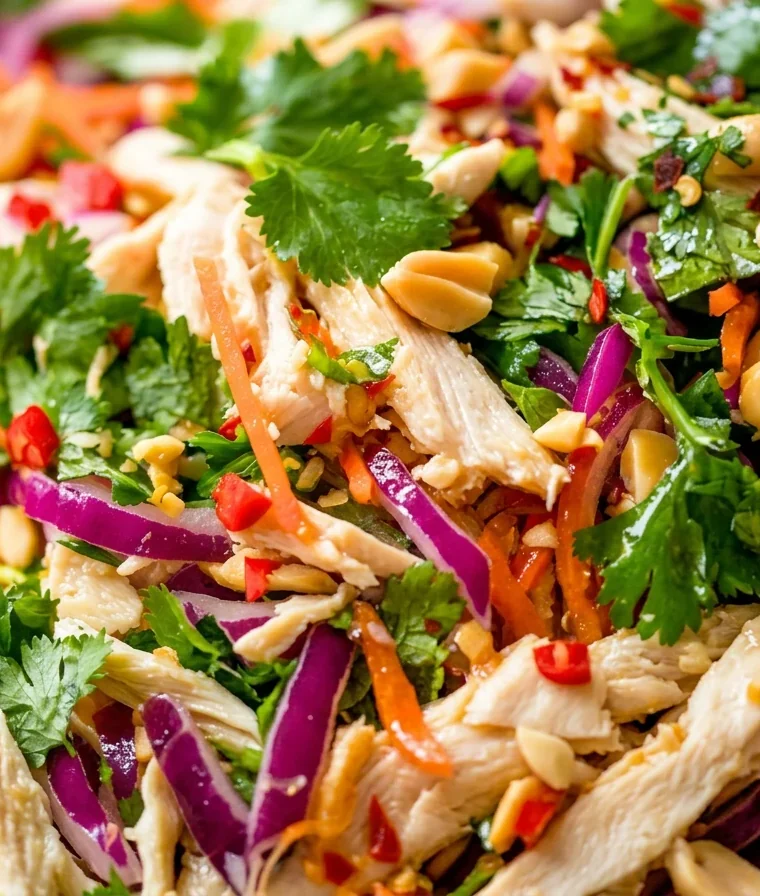 Close-up bowl of crunchy Vietnamese chicken salad with shredded chicken, green and red cabbage, carrot, cucumber, fresh mint and cilantro, roasted peanuts and nuoc cham dressing