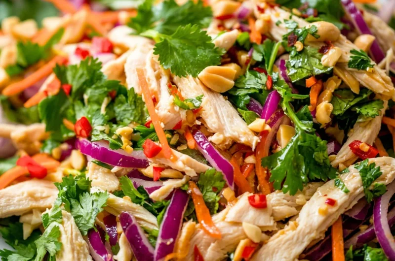 Close-up bowl of crunchy Vietnamese chicken salad with shredded chicken, green and red cabbage, carrot, cucumber, fresh mint and cilantro, roasted peanuts and nuoc cham dressing