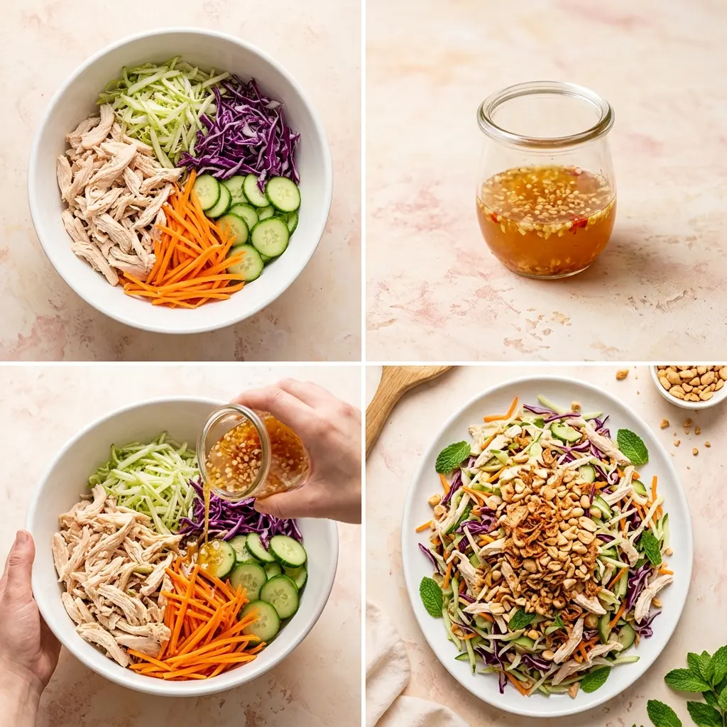 4-step cooking process collage for crunchy Vietnamese chicken salad showing prep, dressing, tossing, and plating