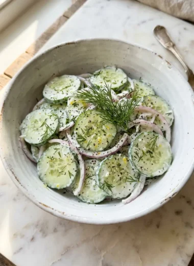 creamy cucumber dill salad in a white ceramic bowl with fresh dill and scallions