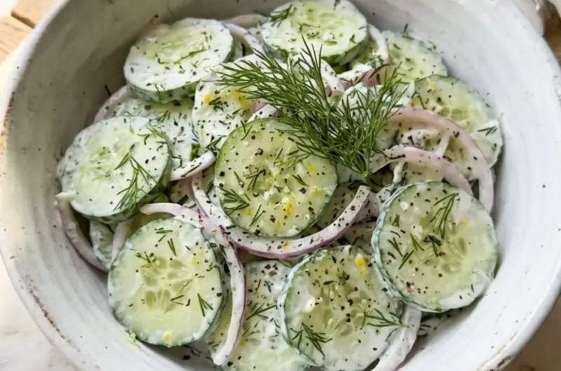Cucumber Dill Salad in 10 Minutes: Best Fresh Healthy Side Dish 1 creamy cucumber dill salad in a white ceramic bowl with fresh dill and scallions