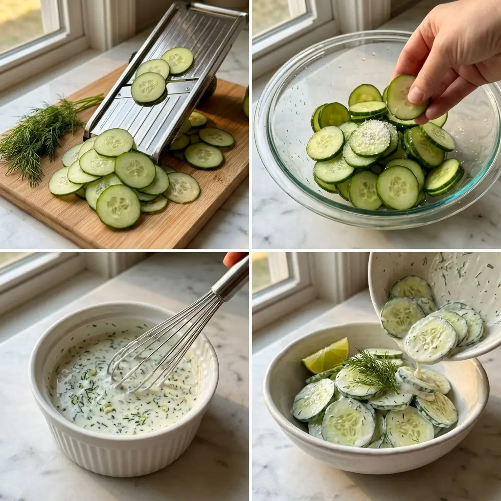 Cucumber Dill Salad in 10 Minutes: Best Fresh Healthy Side Dish 2 4-step cooking process collage for creamy cucumber dill salad showing slicing, salting, mixing, and plating
