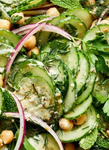 Close-up of Cucumber Salad freshly made and ready to serve