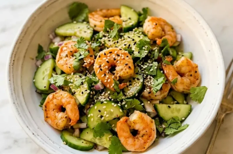 Quick & Zesty Cucumber Shrimp Salad 1 Cucumber shrimp salad in a white ceramic bowl with fresh avocado and lime wedges