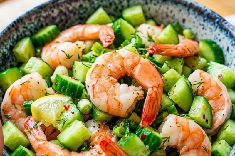 Quick & Zesty Cucumber Shrimp Salad 3 Pinterest pin image for cucumber shrimp salad with shrimp and avocado