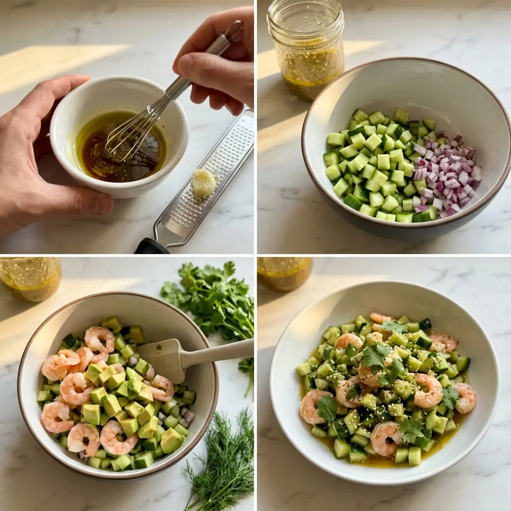 Quick & Zesty Cucumber Shrimp Salad 2 4-step cooking process collage for cucumber shrimp salad showing dressing, prep, combining, and plating