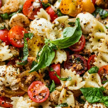 Close-up of Delicious Bruschetta Pasta Salad freshly made and ready to serve