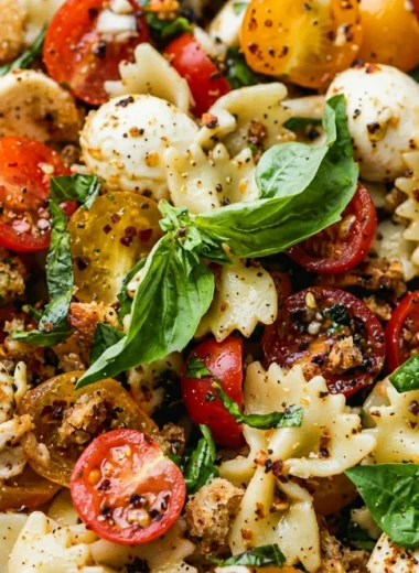Close-up of Delicious Bruschetta Pasta Salad freshly made and ready to serve