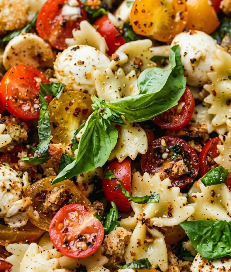 Close-up of Delicious Bruschetta Pasta Salad freshly made and ready to serve