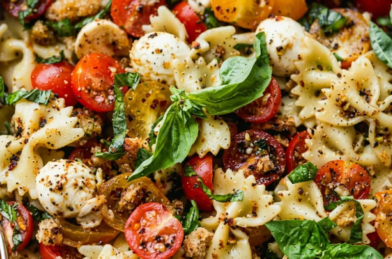 Close-up of Delicious Bruschetta Pasta Salad freshly made and ready to serve
