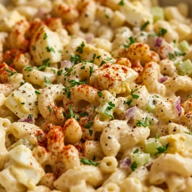 Close-up of Deviled Egg Pasta Salad freshly made and ready to serve