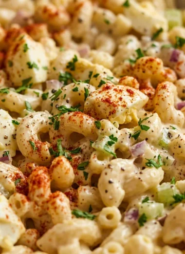 Close-up of Deviled Egg Pasta Salad freshly made and ready to serve