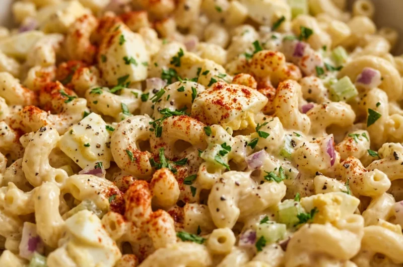 Close-up of Deviled Egg Pasta Salad freshly made and ready to serve