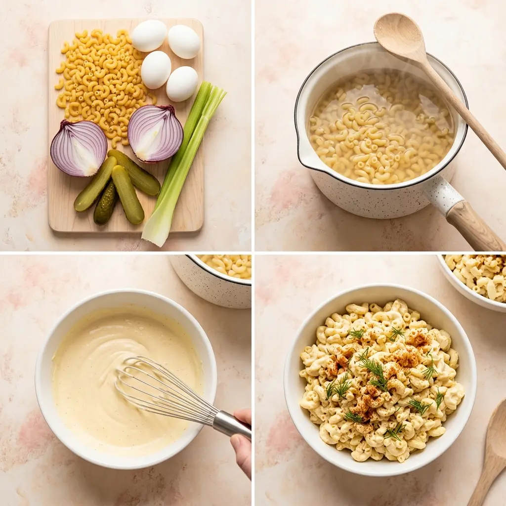 4-step cooking process collage for deviled egg pasta salad showing prep, searing, combining dressing, and plating