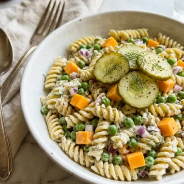 Close-up of creamy dill pickle pasta salad in white bowl with fresh dill