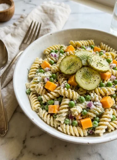 Close-up of creamy dill pickle pasta salad in white bowl with fresh dill