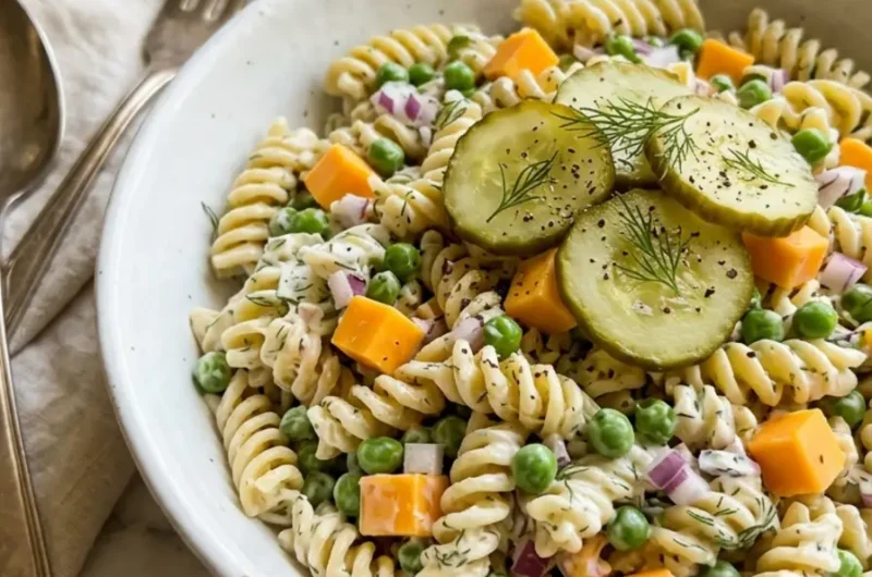 Close-up of creamy dill pickle pasta salad in white bowl with fresh dill