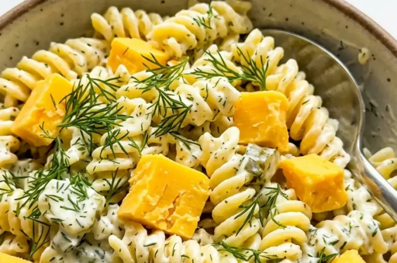 Pinterest pin of creamy dill pickle pasta salad with fresh dill and cheddar cubes