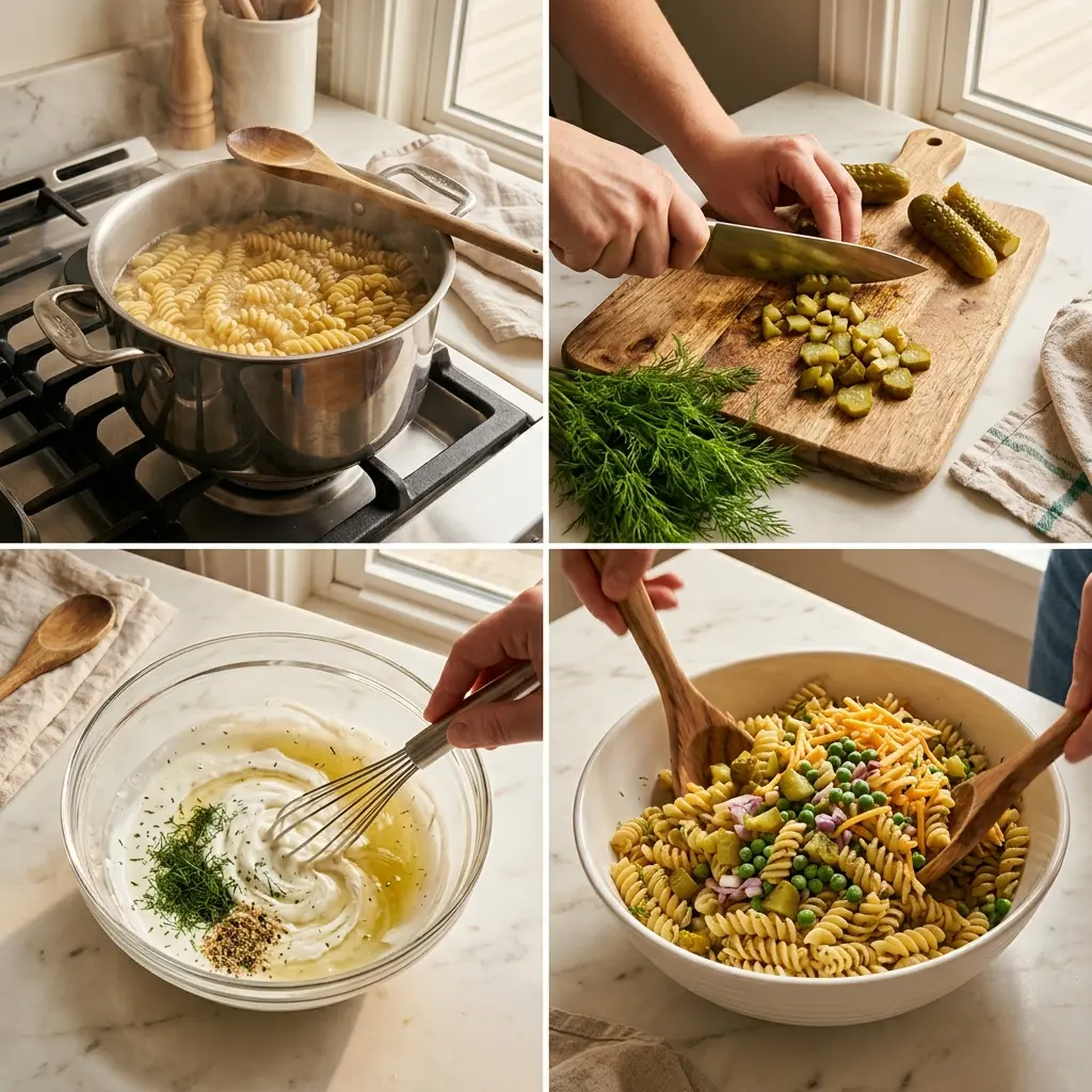 4-step cooking process collage for dill pickle pasta salad showing prep, chopping, dressing and tossing