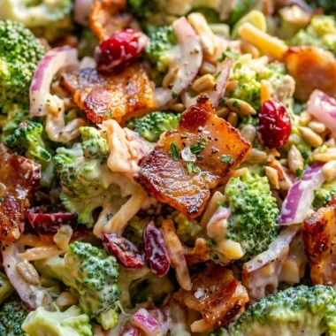 Close-up of Easy Broccoli Bacon Salad freshly made and ready to serve