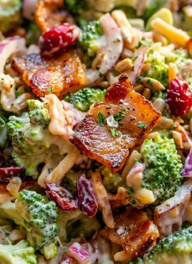 Close-up of Easy Broccoli Bacon Salad freshly made and ready to serve