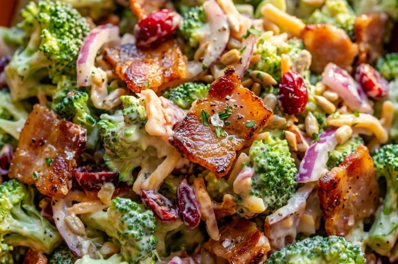 Close-up of Easy Broccoli Bacon Salad freshly made and ready to serve