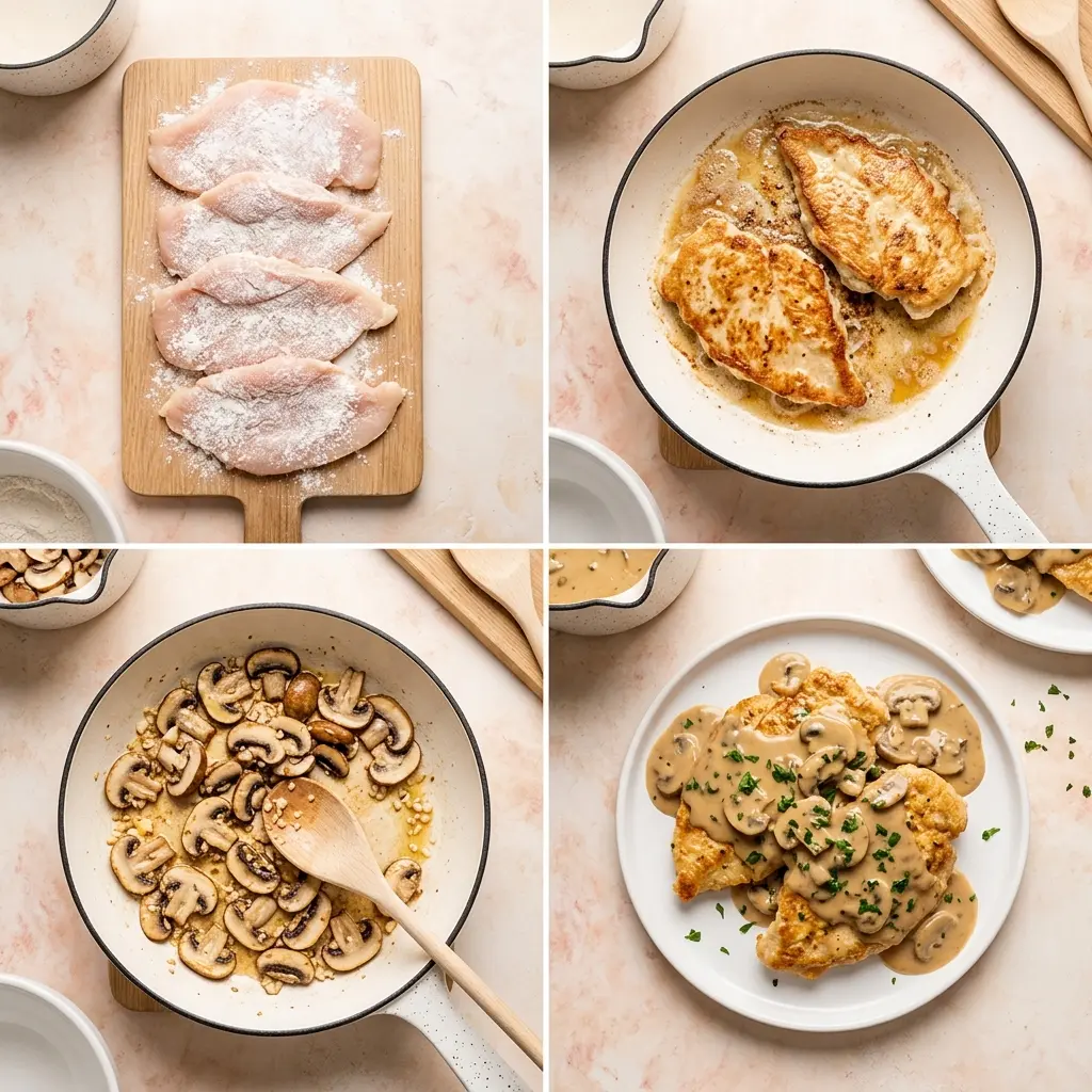 4-step cooking process for easy chicken marsala showing dredging, searing, mushroom saute, and plated dish